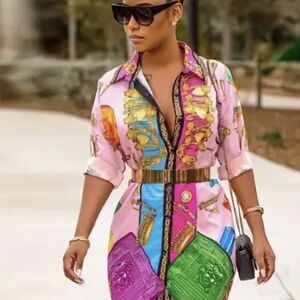 Colorful, All-Over Patterned Shirt Dress